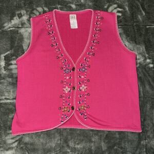 Vintage I.V.Y Beaded Vest Women's Large Pink Rhintestone V-Neck Button Front